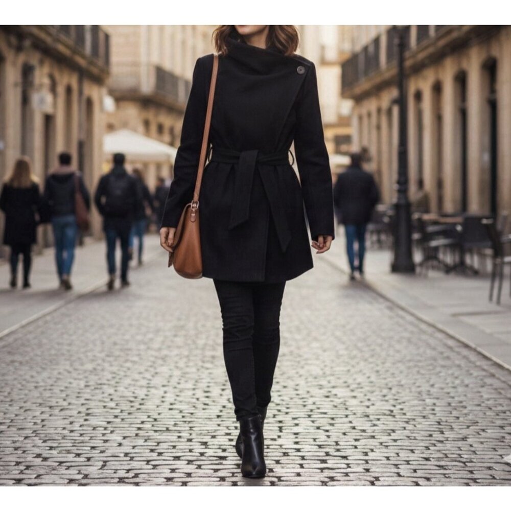 Collezione Wool Blend Pea Coat‎ Black Jacket Women’s Small Career Minimalist